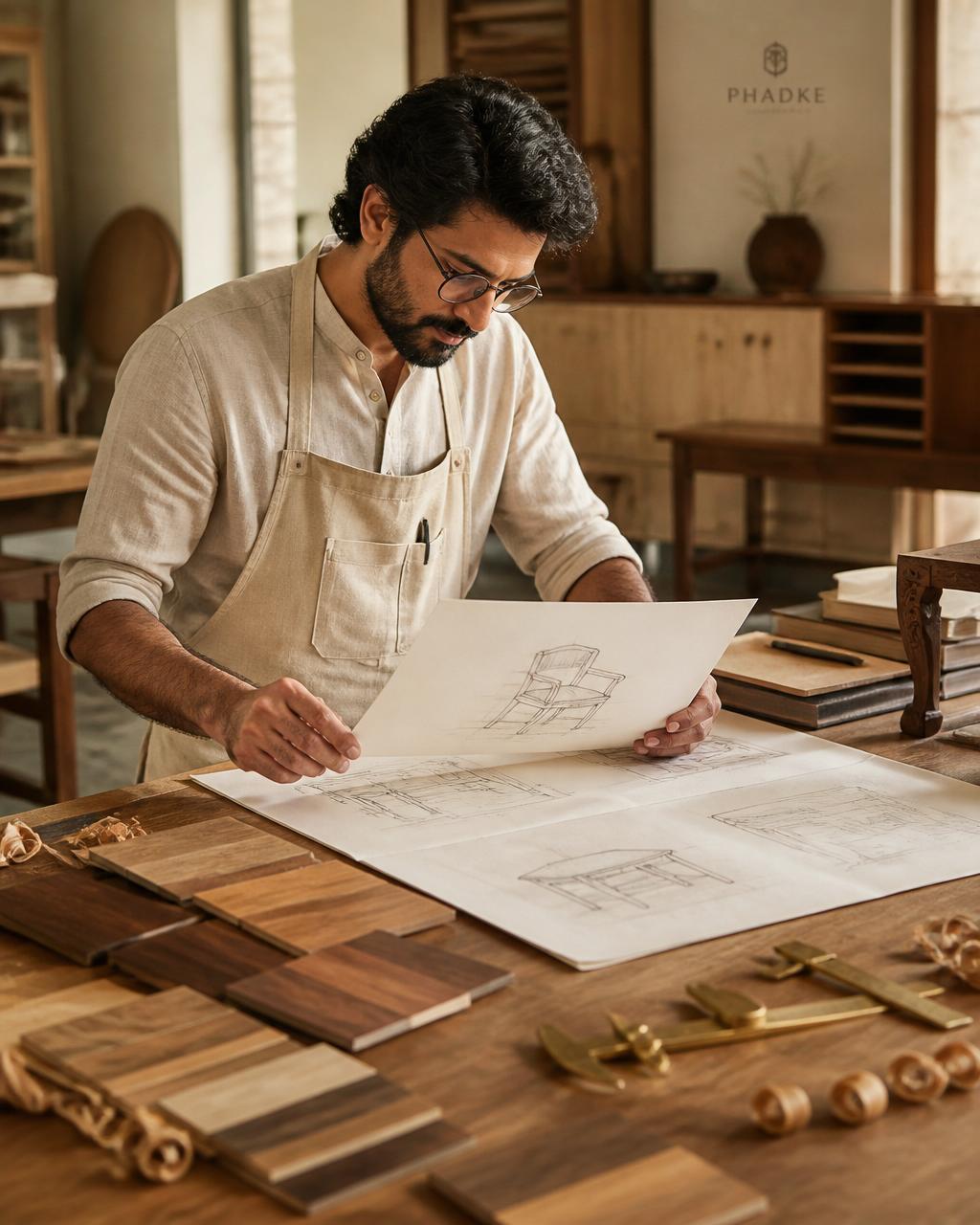 A craftsman reviewing custom furniture drawings beside timber samples in a sunlit workshop